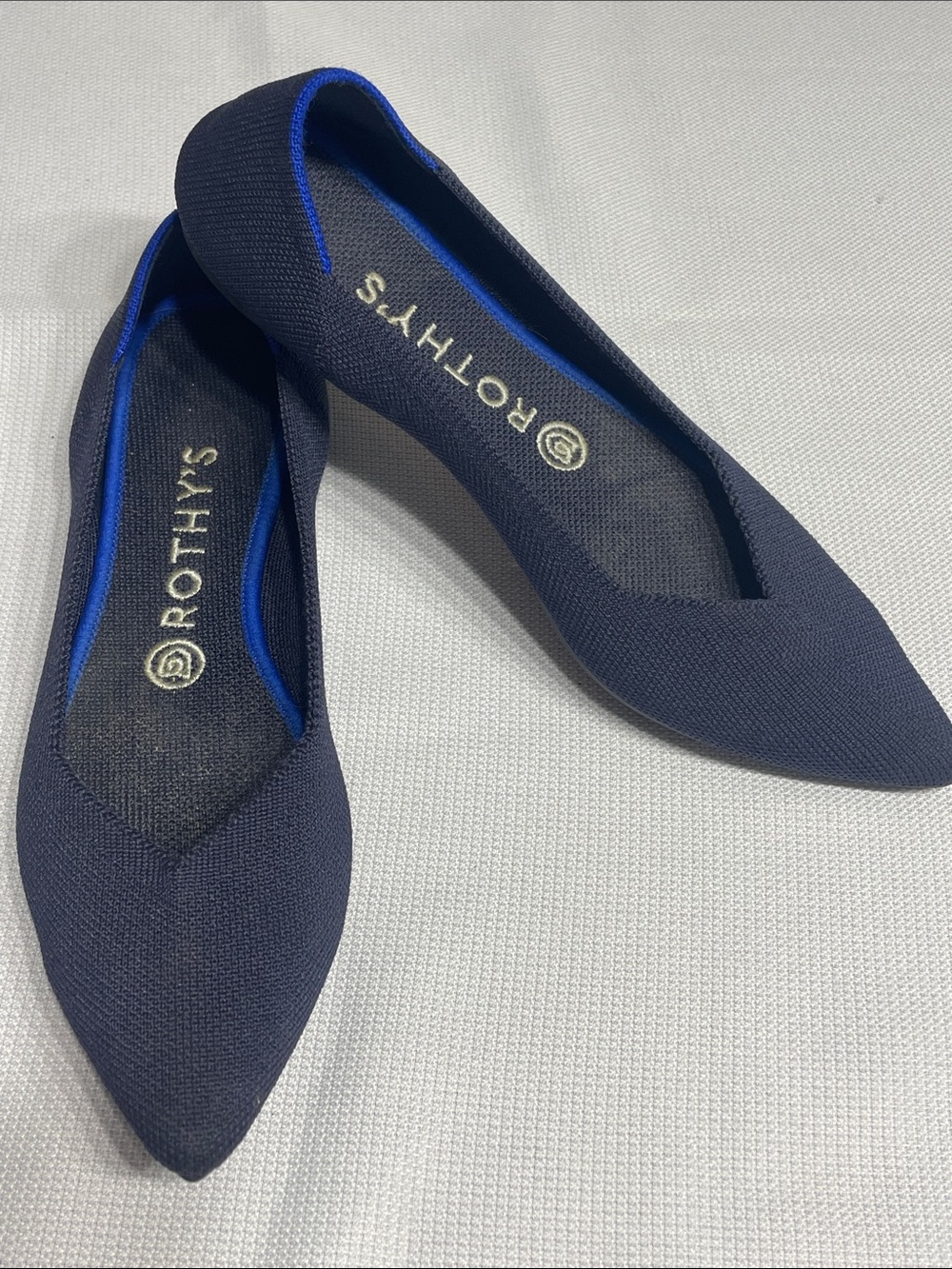 Rothy's Pointed Knit Flat in Navy with Blue Trim. Size 8.5. Preowned.